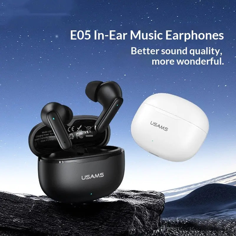 Black and white Dropshipman Short-stemmed Wireless Bluetooth Earbuds with charging cases rest on a rock beneath a starry sky. Text: 