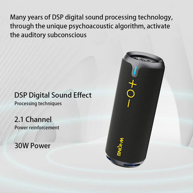 The DSP Wireless Bluetooth Audio Speaker by HeadphoneHeat is a black cylindrical device featuring blue controls with plus/minus symbols and yellow branding. It offers DSP digital sound effects, 2.1 channel audio, 30W power, long battery life, and a dust-proof design against an abstract gray wave-pattern background.
