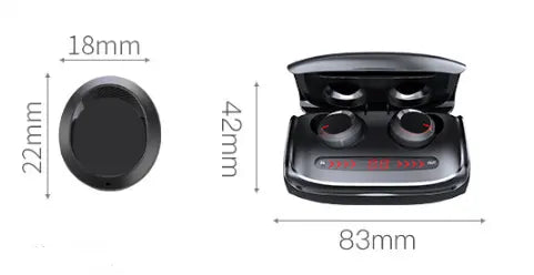 The FLIPSTYLEZLLC T11 Wireless Bluetooth Headset 5.0 Earbuds are black, with each earbud measuring 18mm x 22mm. The charging case, featuring a digital display, is 83mm x 42mm and securely stores the earbuds inside.