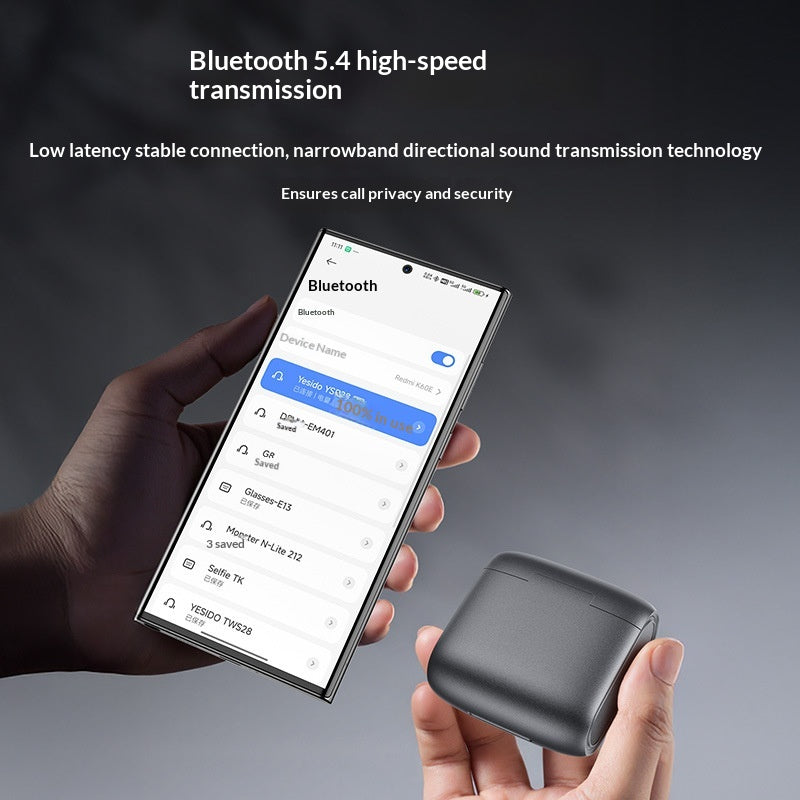 A hand holds a smartphone showing Bluetooth options, while another holds the Adaptive Memory Hook Bluetooth Earbuds charging case by Dropshipman. Text above promotes Bluetooth 5.4 high-speed transmission and a secure, stable connection.