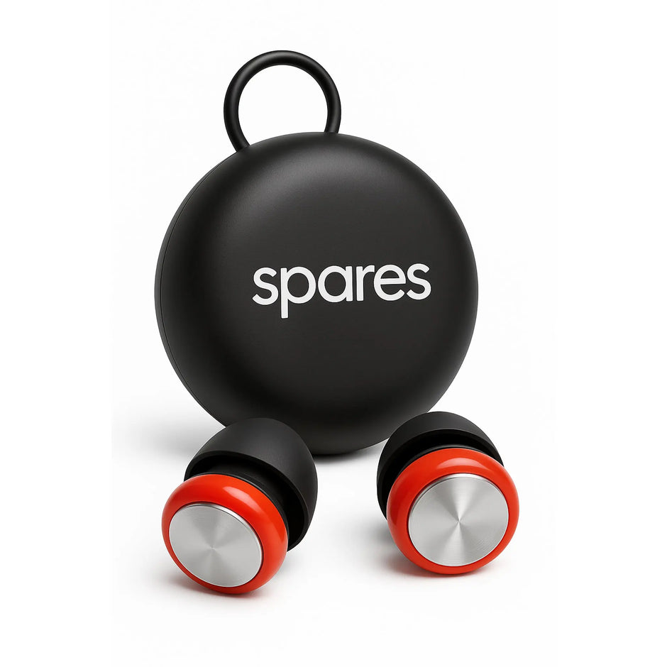 A black round Spares: High Fidelity Ear Plugs case with a loop handle sits behind black and red wireless-style High Fidelity Earplugs – Reusable Hearing Protection, Clear Sound, all displayed on a white background.