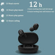 Image of black true wireless Xiaomi Redmi Airdots S earbuds with a charging case on a blue background. White text detailing battery life for various uses: 