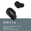 Image of a pair of small, black Xiaomi Redmi Airdots S earbuds with silicone tips, floating against a light background. Text below reads, 