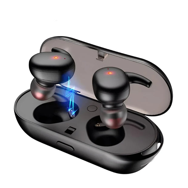 A pair of black CHUYONG Y30 Wireless Earbuds 5.0 from HeadphoneHeat.Com, featuring red indicator lights, rest in an open charging case illuminated by blue light effects highlighting their Active Noise-Cancellation for immersive sound.