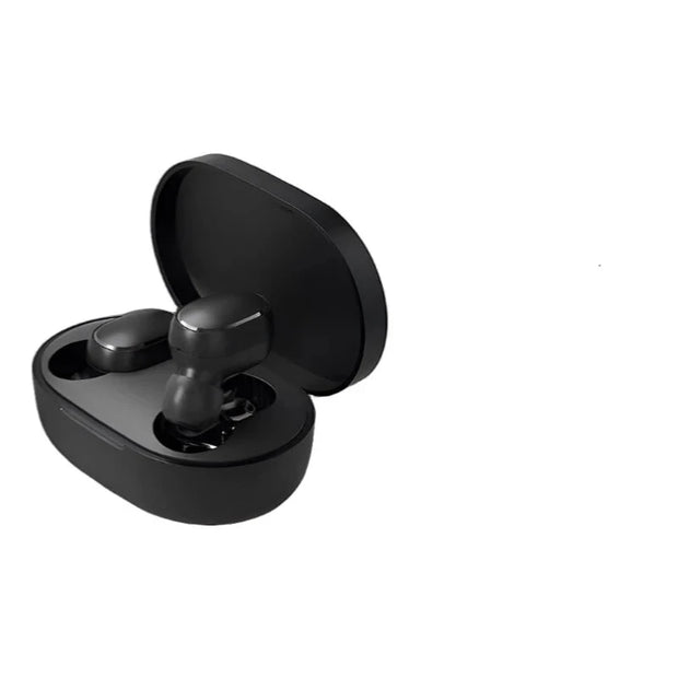 A pair of black Xiaomi Redmi Airdots S: Gaming Earbuds from HeadphoneHeat.Com sits inside an open black charging case, displayed on a white background.