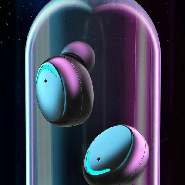 A promotional image for HeadphoneHeat.com's Unvierse 5.1 Bluetooth Earbuds highlighting "Intelligent Noise Reduction" and Bluetooth 5.1 technology. The earbuds are displayed under a glass dome with neon lighting. Text above describes effective isolation of external noise for high-quality sound and 90 hours of playtime. Text below reads, "Take me with you.